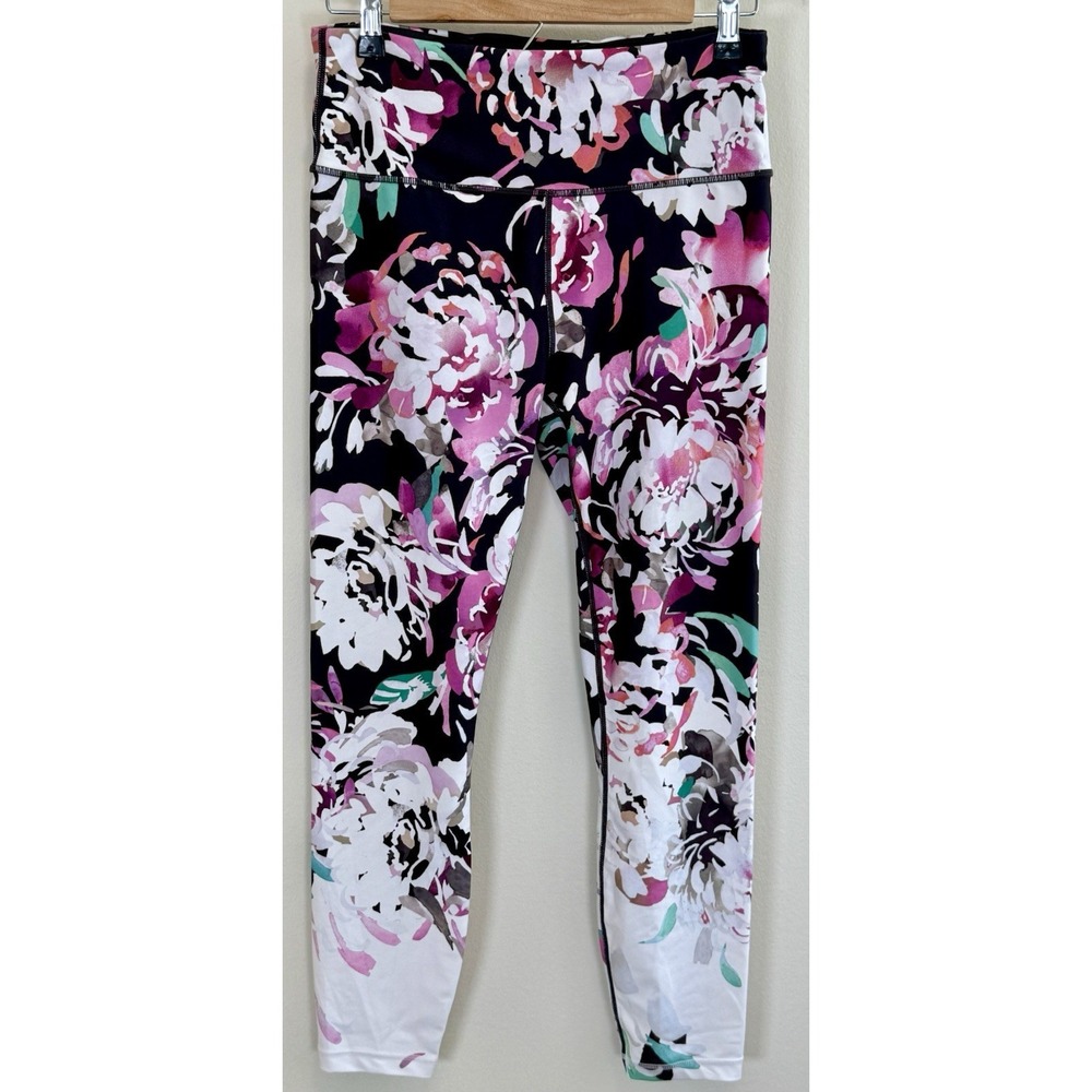 Athleta Floral Leggings Womens Medium Pink Black High Rise Workout Yoga Pants